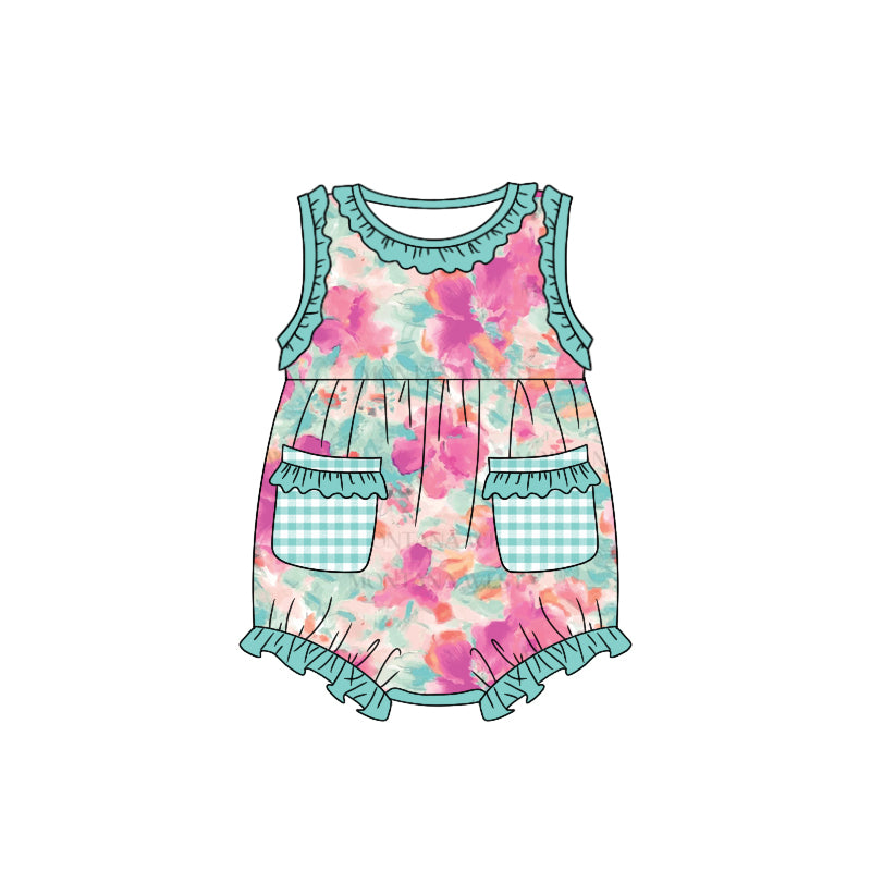 (Custom Design Preorder MOQ 5) Green Flowers Print Pockets Baby Girls Summer Romper