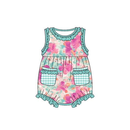(Custom Design Preorder MOQ 5) Green Flowers Print Pockets Baby Girls Summer Romper