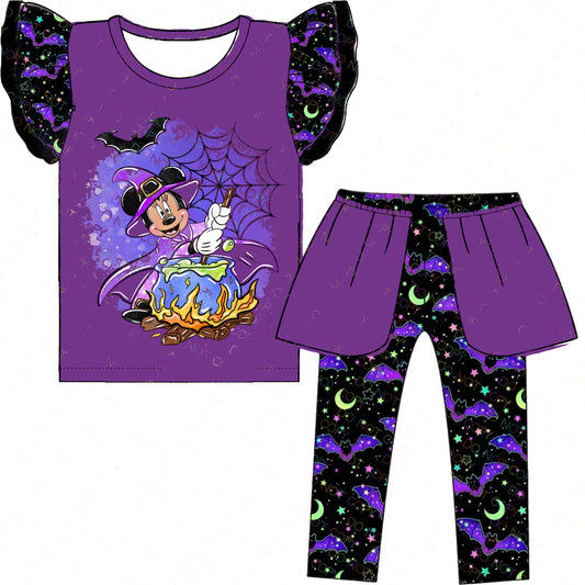 (Custom Design Preorder MOQ 5) Cartoon Mouse Witches Top Purple Pants Girls Halloween Clothes Set