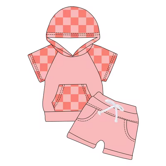 (Custom Design Preorder MOQ 5)  Plaid Hoodie Top Pink Shorts Kids Summer Clothes Set