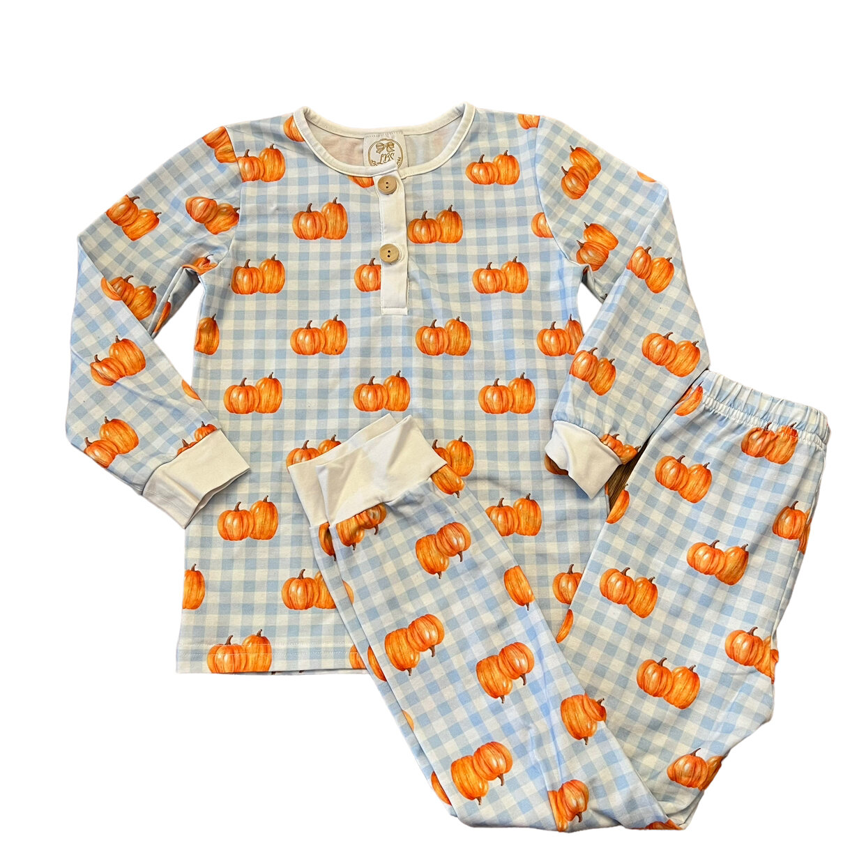 (Custom Design Preorder MOQ 5)  Pumpkin Blue Plaid Print Boys Fall Bamboo Pajamas Clothes Set