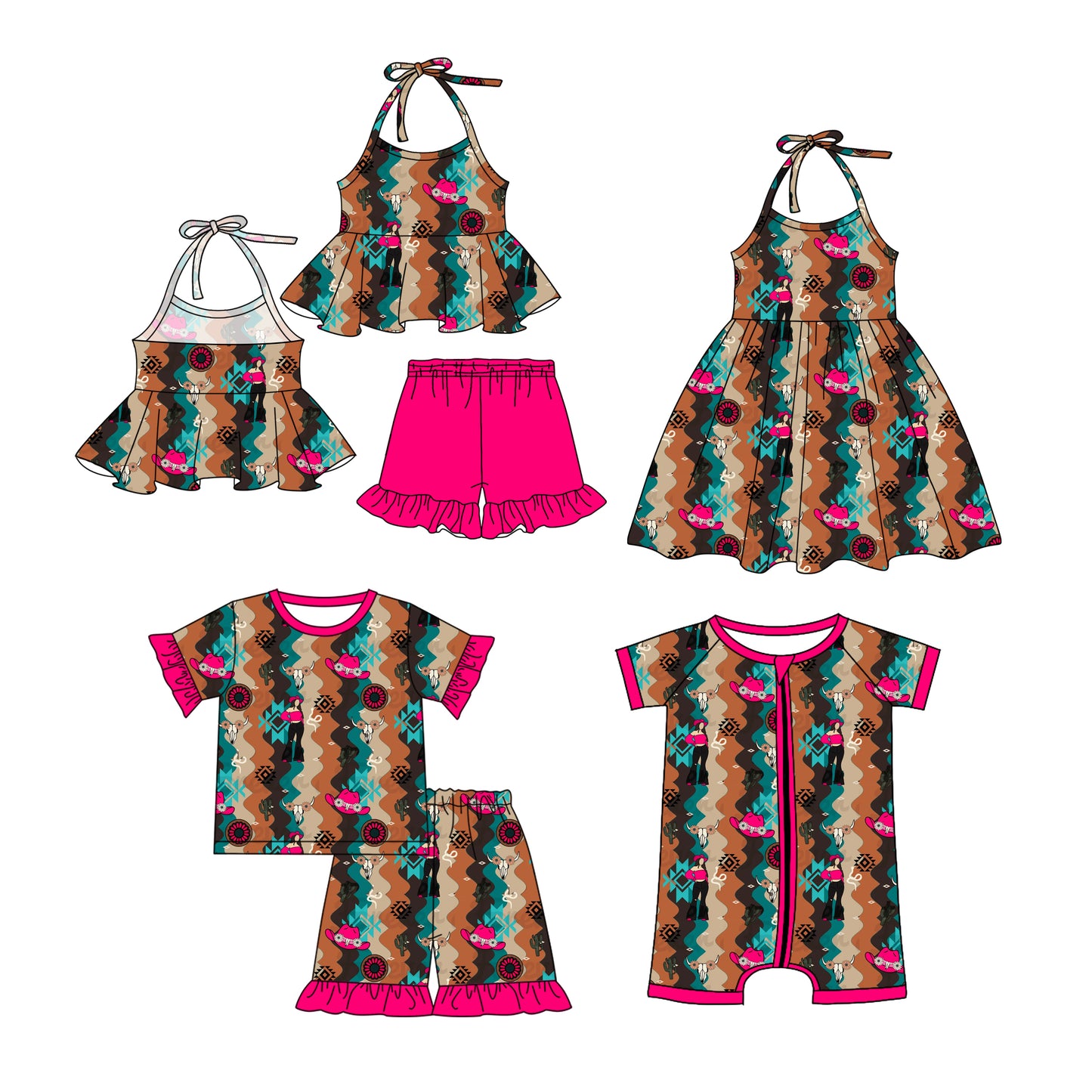 1.4(Custom Design Preorder MOQ 5 Each Design) Aztec Hot Pink Hat Print Girls Summer Western Matching Clothes Sisters Wear