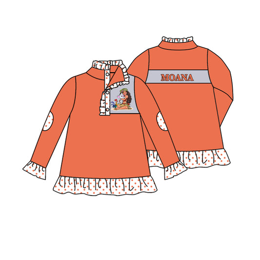 11.16(Custom Design Preorder MOQ 5)Cartoon Princess Moa* Orange Print Long Sleeve Girls Pullover Fall Tee Shirts Top