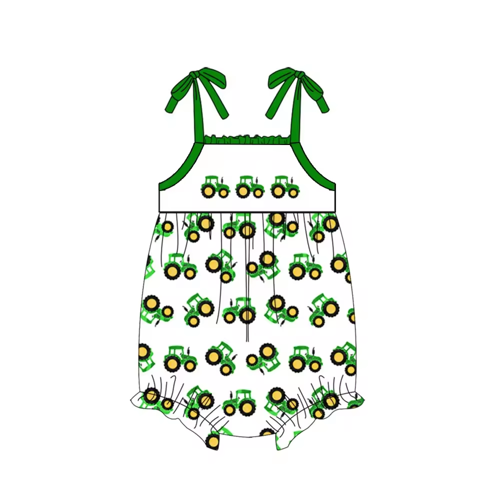 (Custom Design Preorder MOQ 5) Tractor Green Print Baby Girls Summer Romper