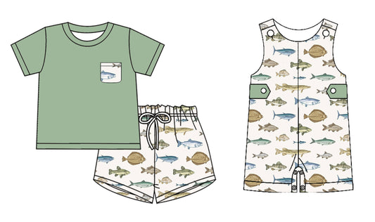 4.15(Custom Design Preorder MOQ 5 Each Design) Fish Green Print Boys Summer Matching Clothes Brothers Wear