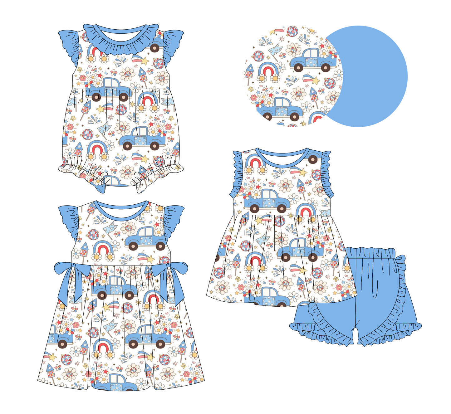 1.4(Custom Design Preorder MOQ 5 Each Design) Truck Flowers Flag Print Girls 4th of July Matching Clothes Sisters Wear