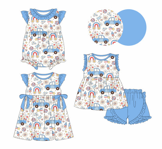 1.4(Custom Design Preorder MOQ 5 Each Design) Truck Flowers Flag Print Girls 4th of July Matching Clothes Sisters Wear