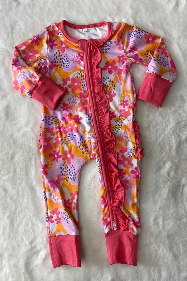 (Custom Design Preorder MOQ 5) Flowers Print Baby Girls Zipper Romper