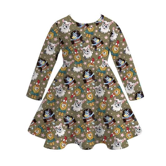 (Custom Design Preorder MOQ 5) Cartoon Dog Stars Print Girls Knee Length Summer Dress