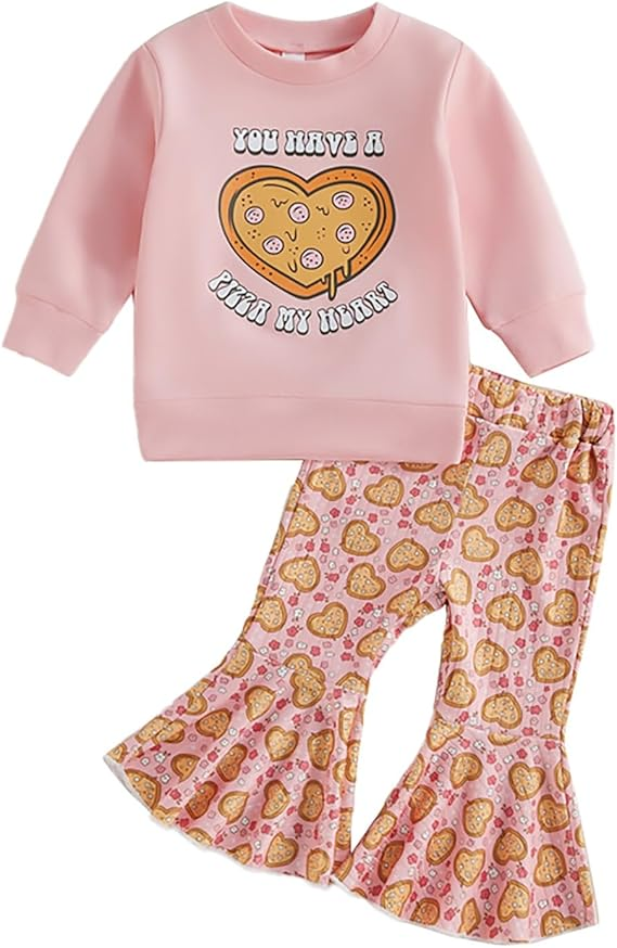 (Custom Design Preorder MOQ 5) Pizza Heart Top Bell Pants Girls Valentine's Day Clothes Set