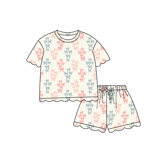 1.21 (Custom Design Preorder MOQ 5 Each Design) Pink Small Bows Print Summer Scallop Sets Mom and Me Matching Clothes