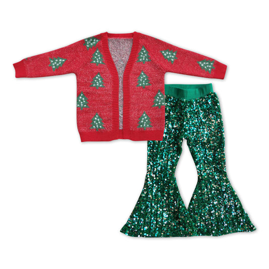 GLP1029 Red Christmas Tree Sweater Cardigan Top Green Sequin Bell Bottom Pants Girls Clothes Set
