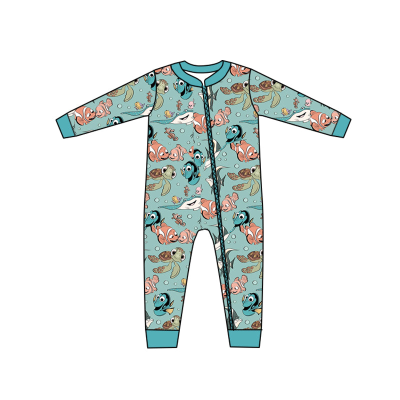 (Custom Design Preorder MOQ 5)  Cartoon Fish Print Baby Boys Zipper Romper