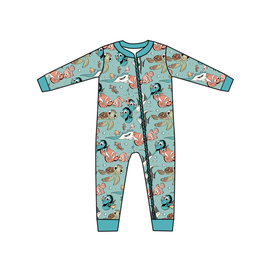 (Custom Design Preorder MOQ 5)  Cartoon Fish Print Baby Boys Zipper Romper