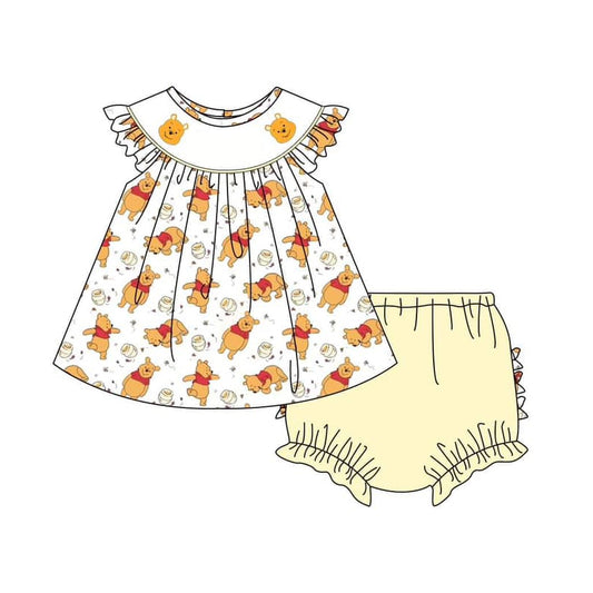 (Custom Design Preorder MOQ 5)  Cartoon Bear Print Baby Girls Summer Bummie Sets