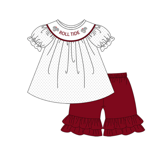 (Custom Design Preorder MOQ 5 )  Team's ROLL TIDE Alabama Print Girls Summer Clothes Set