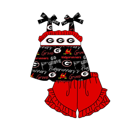 (Custom Design Preorder MOQ 5)  Team's GROVE Strap Top Red Shorts Girls Summer Clothes Set