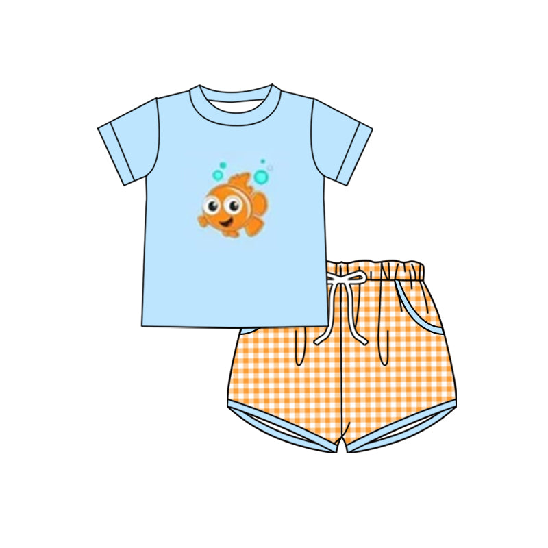 (Custom Design Preorder MOQ 5)  Cartoon Fish Print Boys Summer Clothes Set