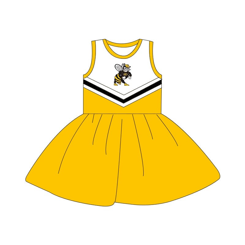 (Custom Design Preorder MOQ 5) Team's Yellow Bee Print Girls Knee Length Summer Dress