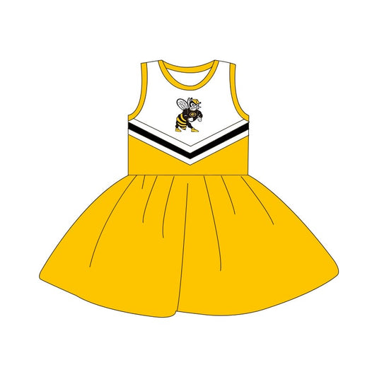 (Custom Design Preorder MOQ 5) Team's Yellow Bee Print Girls Knee Length Summer Dress