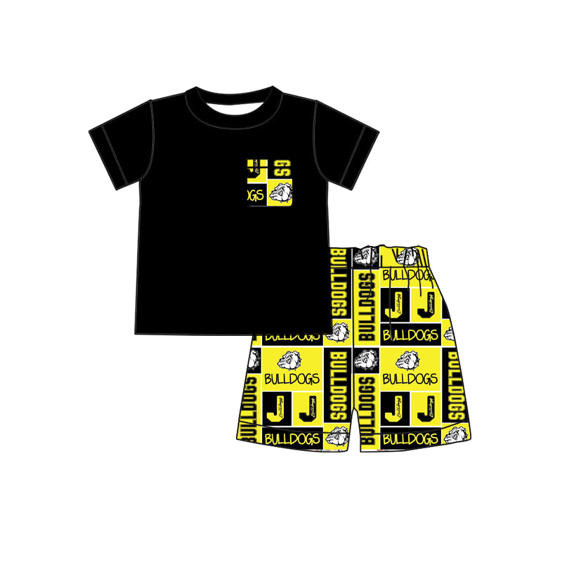 (Custom Design Preorder MOQ 5)  Black Pocket Top Team's BULLDOGS Shorts Boys Summer Clothes Set