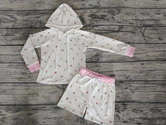 (Custom Design Preorder MOQ 5)  Small Flowers Print Girls 2 Pieces Long Sleeve Hoodie Swimsuits