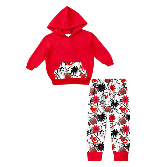 (Custom Design Preorder MOQ 5) Red Hoodie Pockets Top Team's KC Flowers Pants Girls Fall Clothes Set