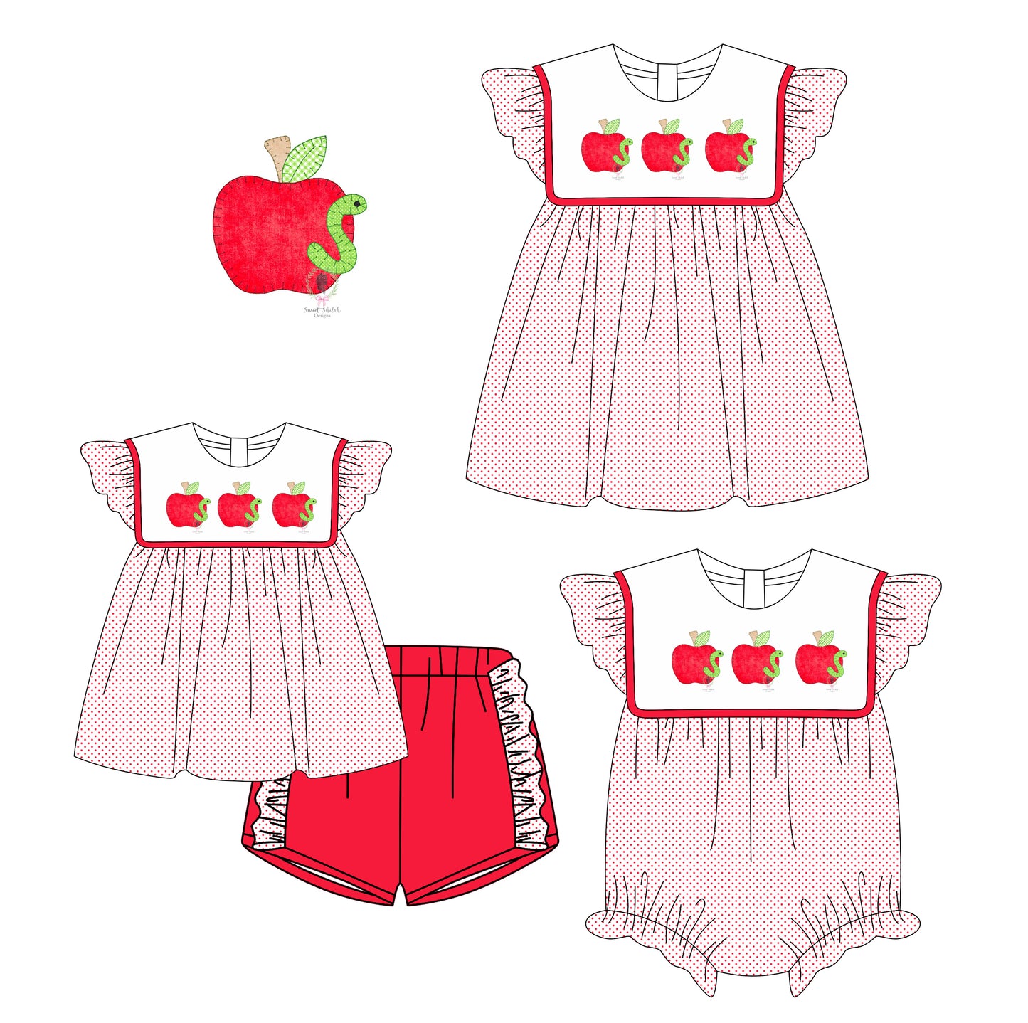 3.6(Custom Design Preorder MOQ 5 Each Design) Apple Print Girls Back to School Matching Clothes Sisters Wear