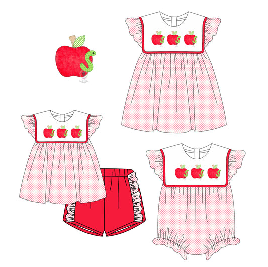3.6(Custom Design Preorder MOQ 5 Each Design) Apple Print Girls Back to School Matching Clothes Sisters Wear