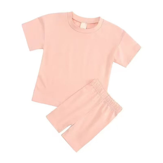 (Custom Design Preorder MOQ 5) Pink Color Shorts Kids Summer Pajamas Clothes Set