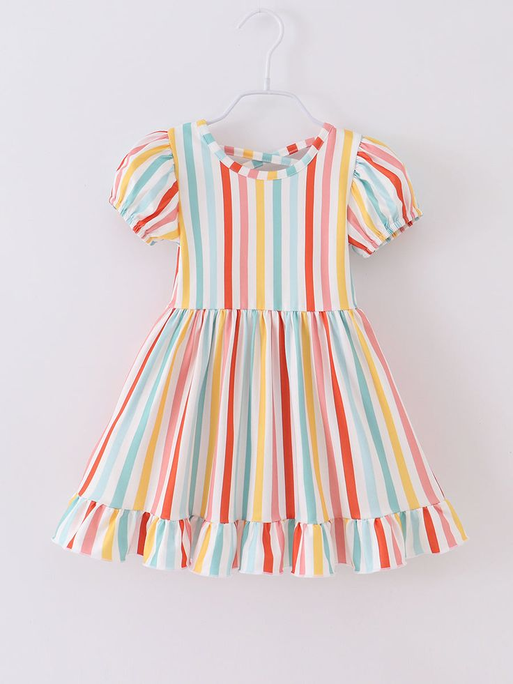 (Custom Design Preorder MOQ 5) Colorful Stripes Print Girls Knee Length Summer Dress