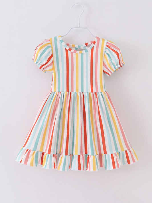 (Custom Design Preorder MOQ 5) Colorful Stripes Print Girls Knee Length Summer Dress