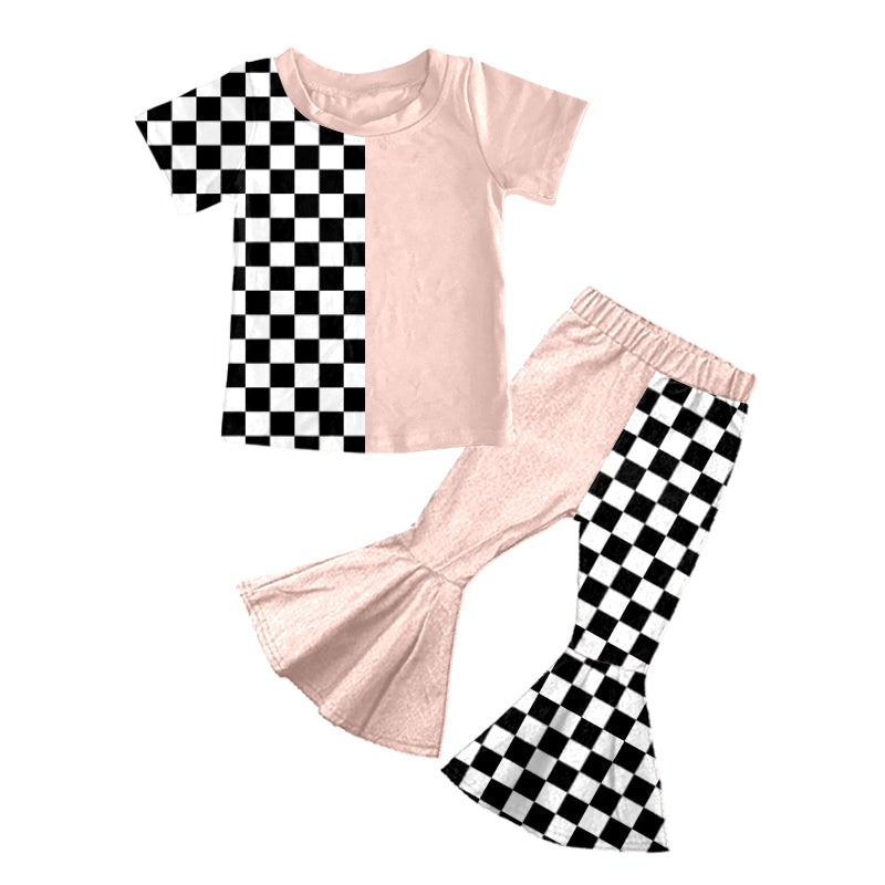 (Custom Design Preorder MOQ 5) Pink Plaid Top Bell Pants Girls Clothes Set