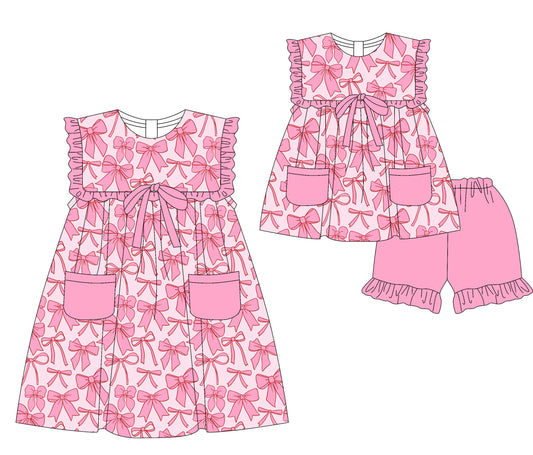 3.5(Custom Design Preorder MOQ 5 Each Design) Pink Bows Print Pockets Girls Summer Matching Clothes Sisters Wear