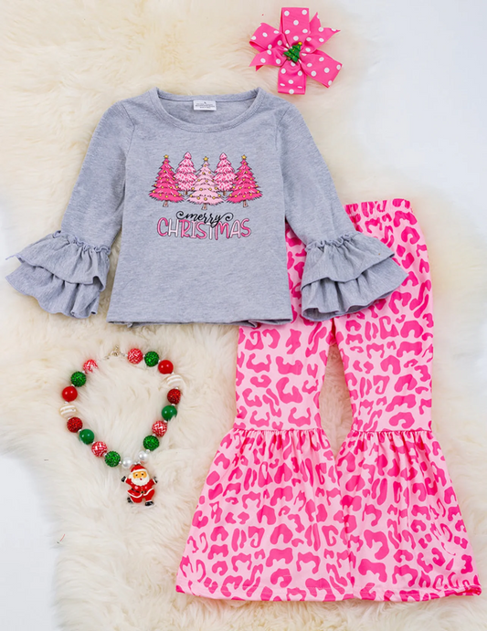 (Custom Design MOQ 5)  Merry Christmas Grey Top Pink Leopard Bell Pants Girls Clothes Set