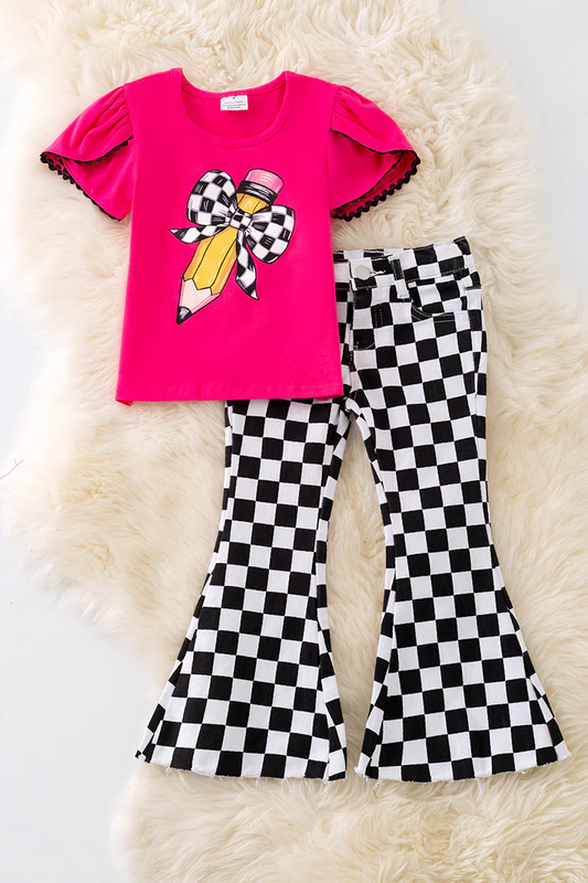 (Custom Design Preorder MOQ 5) Pen Bows Top Plaid Bell Pants Girls Back to School Clothes Set