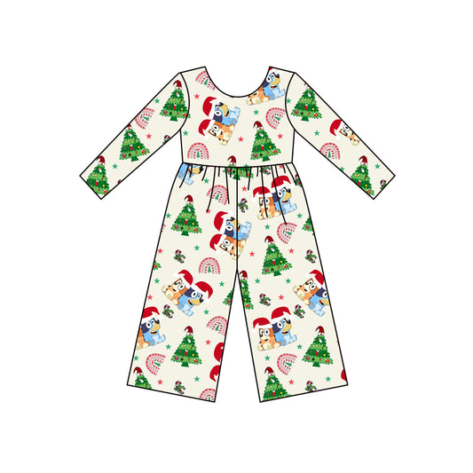 (Custom Design MOQ 5) Cartoon Dog Tree Rainbow Print Girls Christmas Jumpsuits