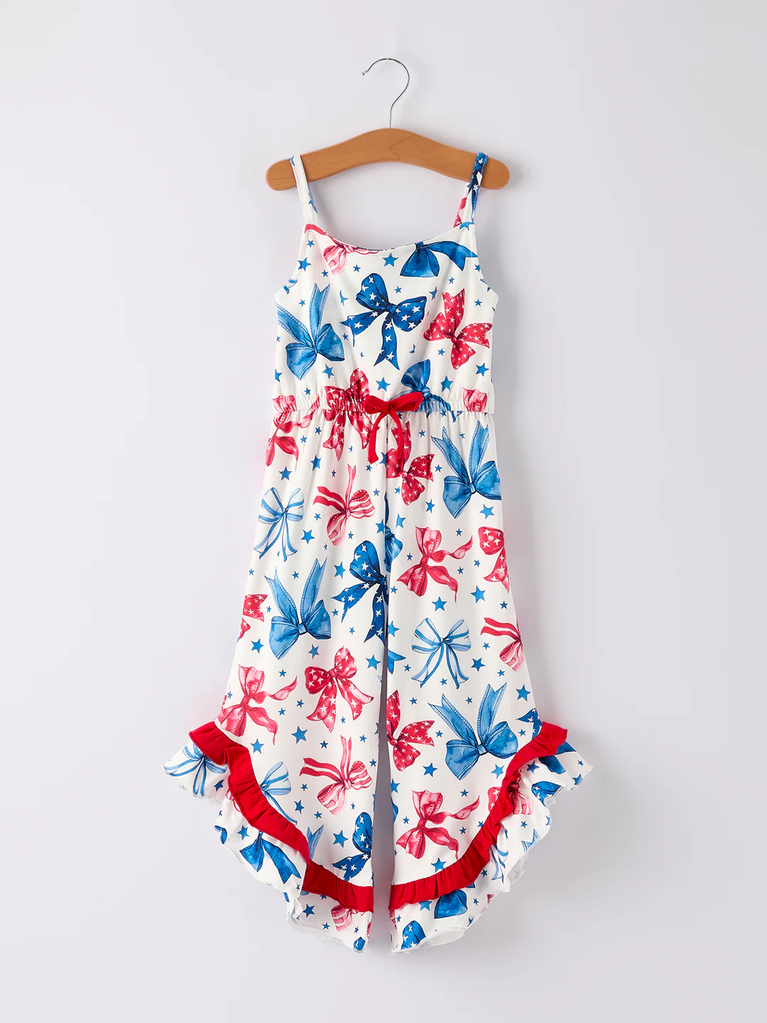 (Custom Design Preorder MOQ 5) Turquoise Bows Print Girls 4th of July Strap Jumpsuits