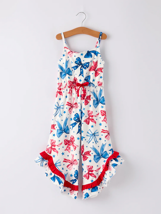 (Custom Design Preorder MOQ 5) Turquoise Bows Print Girls 4th of July Strap Jumpsuits