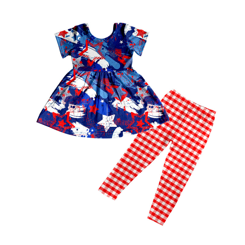 (Custom Design Preorder MOQ 5) Stars Print Tunic Top Red Plaid Legging Pants Girls 4th of July Clothes Set