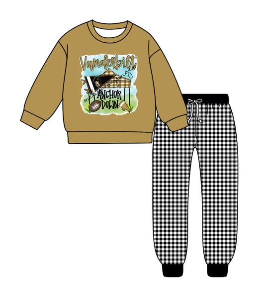 (Custom Design Preorder MOQ 5) Team's Vanderbilt Top Plaid Pants Boys Fall Clothes Set