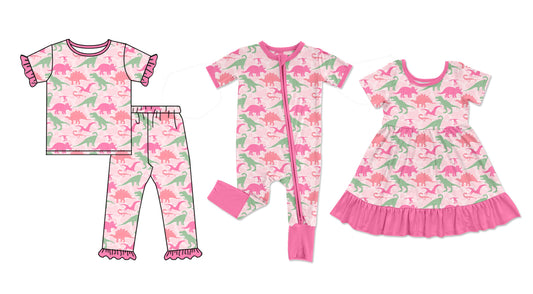 5.24(Custom Design Preorder MOQ 5 Each Design) Pink Dino Print Girls Matching Clothes Sisters Wear