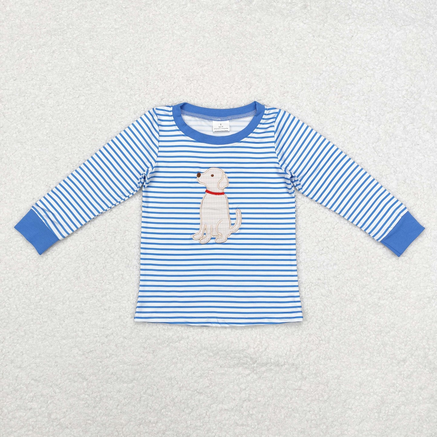 Dog Embroidery Blue Stripes Print Sibling Fall Matching Clothes