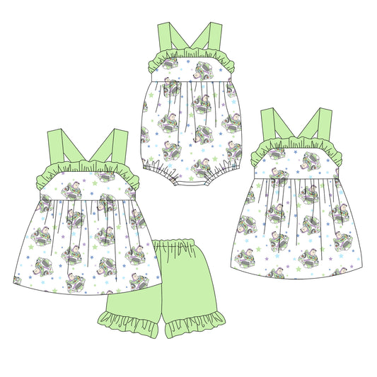 12.13(Custom Design Preorder MOQ 5 Each Design) Cartoon Toys Green Print Girls Summer Matching Clothes Sisters Wear