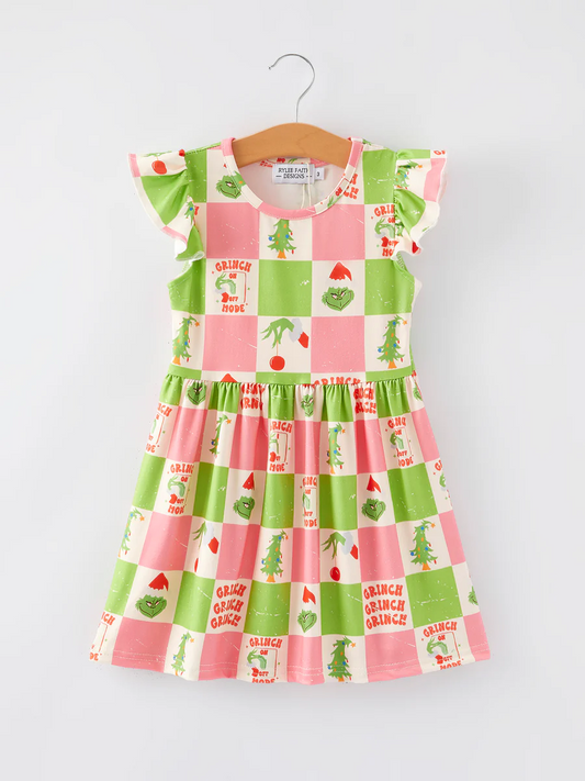 (Custom Design Preorder MOQ 5) Green Frog Pink Print Girls Christmas Knee Length Dress
