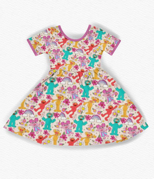 (Custom Design Preorder MOQ 5) Cartoon Teacher Street Flowers Print Girls Knee Length Dress