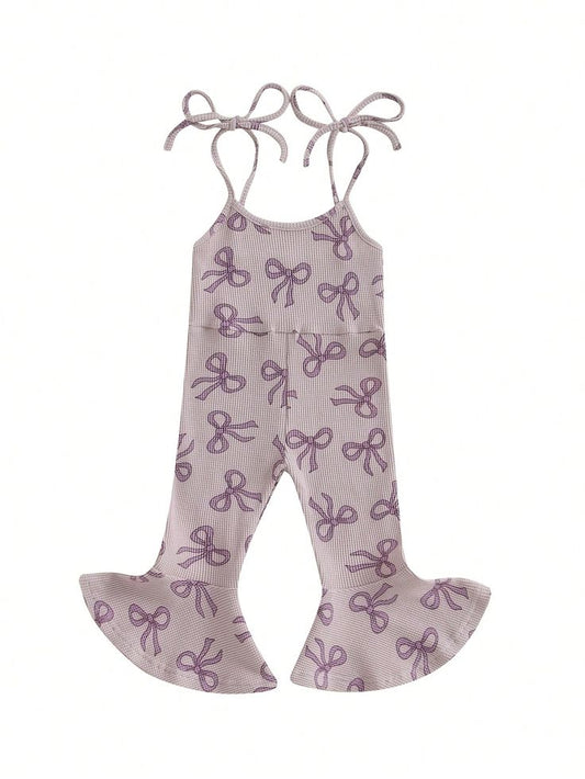 (Custom Design Preorder MOQ 5) Bows Purple Print Girls Summer Strap Jumpsuits