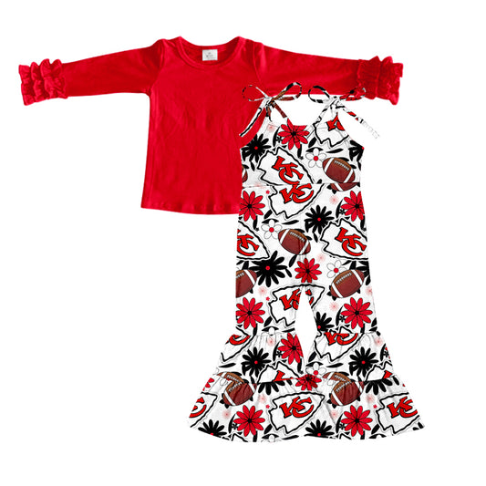 (Custom Design Preorder MOQ 5) Red Top Team's KC Flowers Jumpsuit Girls Fall Clothes Set