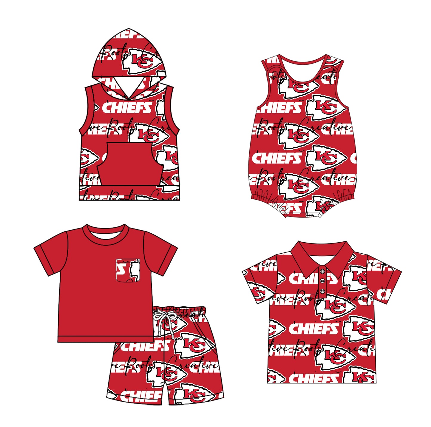 2.24(Custom Design Preorder MOQ 5 Each Design)  Team's Chiefs KC Red Print Boys Summer Matching Clothes Brothers Wear