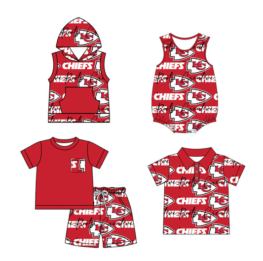 2.24(Custom Design Preorder MOQ 5 Each Design)  Team's Chiefs KC Red Print Boys Summer Matching Clothes Brothers Wear
